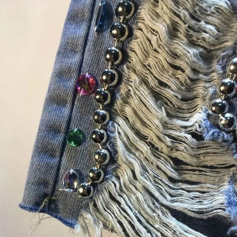 2025 Summer Short Pants High Waist Jeans Hole Shorts Women Stretch Distressed Washed Diamonds Streetwear Straight Denims