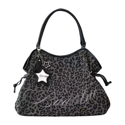 Women Leopard Print One Shoulder Armpit Bag Embroidered Letter Large Capacity Tote Bag Ladies Drawstring Versatile Underarm Bags