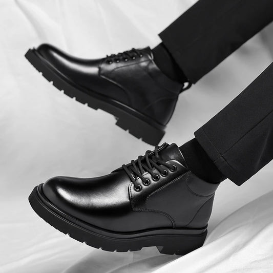 Mens Black Leather Lace Up Mid Top Boots Winter Warm Formal Business Office Wedding Shoes Black Work Boots Fashionable Dad Shoes
