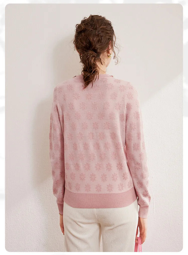 2024 Autumn Elegant Jacquard Fashion Glitter Bead Chain Decoration Round Neck Long Sleeve Women's Knitted Shirt