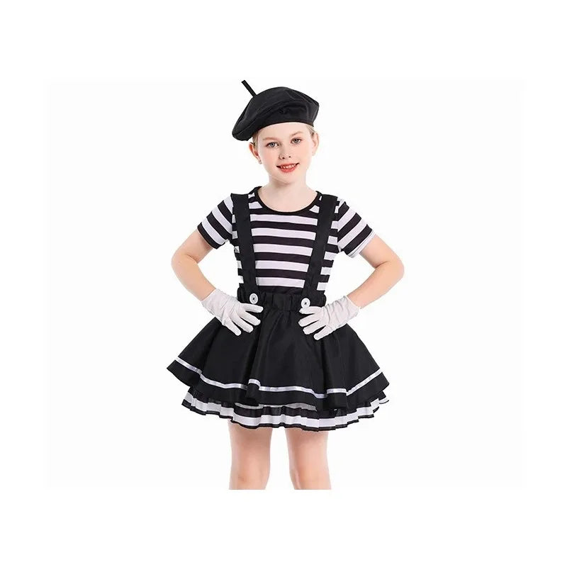 Mime Costume Clown Cosplay Clothing Girls Stage Performance Skirt T-shirt Hat Gloves Halloween Carnival Party Suit ﻿