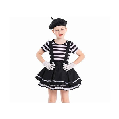 Mime Costume Clown Cosplay Clothing Girls Stage Performance Skirt T-shirt Hat Gloves Halloween Carnival Party Suit ﻿