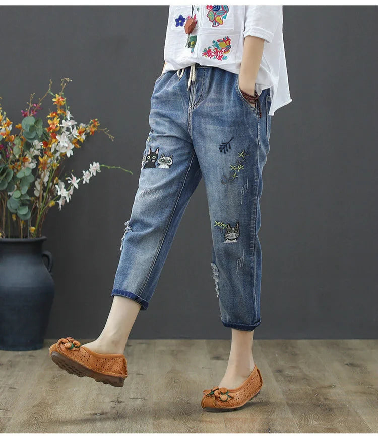 2025 Fashion Summer Streetwear Denim Trousers Ladies Vintage Elastic Jeans Womens Casual Loose Embroidery Harem Pants