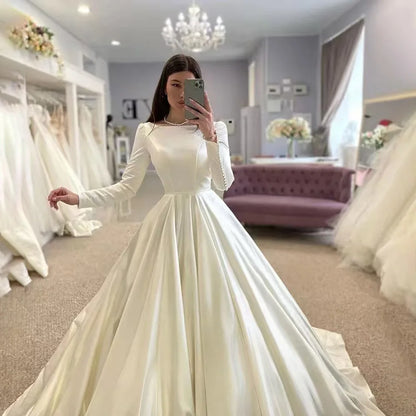 Custom Made Simple Satin Wedding Dress For Woman Dubai Bride A-LINE Long Sleeves O-neck Pleat Vestido De  Bridal Gown Customized