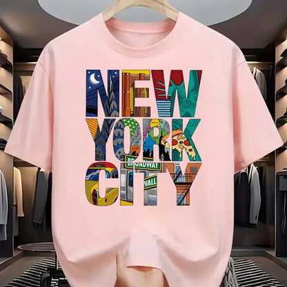 Summer men's 100% pure cotton casual loose fit plus size New York City printed comfortable round neck short sleeved T-shirt top