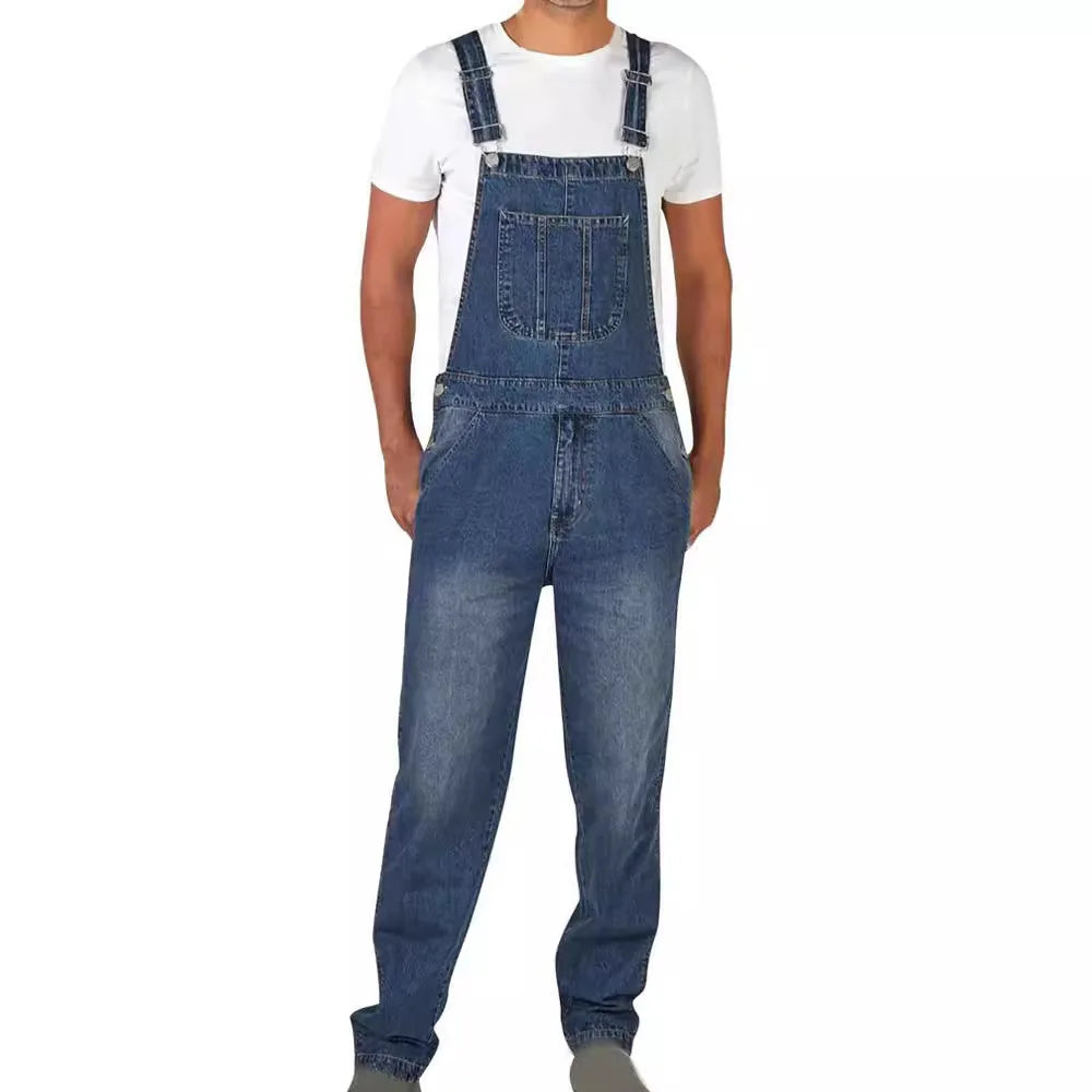 Overalls Jeans Men Ankle Length Jumpsuits Straight Pants Spliced One Piece Pockets Loose Vintage Wash Denim Casual Solid