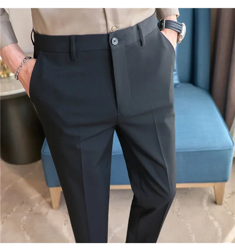 2026 Spring Summer New Men's Casual Pants Luxury Slim Fit Solid Color Fashion Business Suit Pants Formal Office Social Trousers