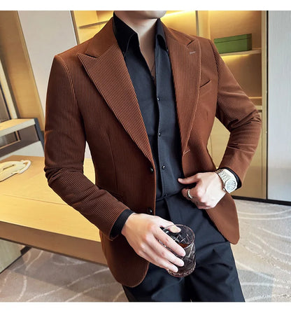 Stripe Suit Jacket For Men Autumn Winter Business Slim Fit Tailcoat Formal Wedding Party Fashion Casual Suit Coat 4XL-M