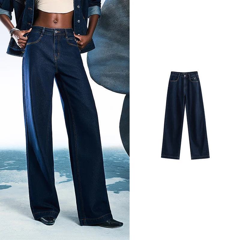 Women Denim Jeans 2025 Spring New Acetate Wide Leg Mid Low Waist Slim Fit Straight Wide Leg Pants
