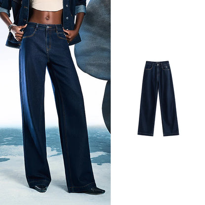 Women Denim Jeans 2025 Spring New Acetate Wide Leg Mid Low Waist Slim Fit Straight Wide Leg Pants