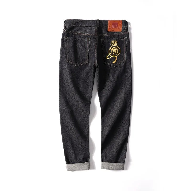 Men's Japanese Handmade Embroidered Jeans Pure Cotton Straight Tube Hip-Hop Popular Slim Red Ears Show Thin Trousers Devil Black