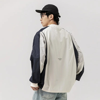 Japanese-inspired Color-blocked Crew Neck Sweatshirt with Patchwork Design: Men's Spring/Autumn Outdoor Leisure