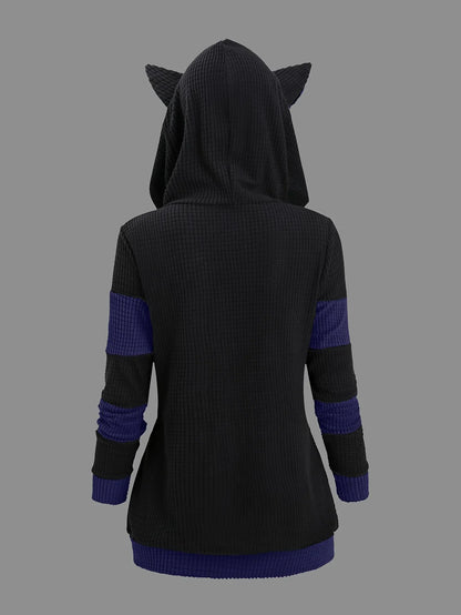 2024 European and American fashion women's new thick cat ears in autumn and winter long color matching hooded sweater coat