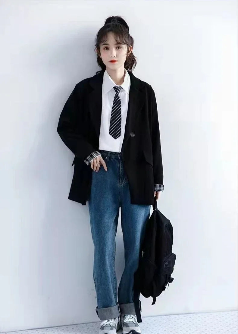 Petite Women's Spring Autumn Black Rolled Cuffs Blazer New Arrival Loose Vintage Casual Plaid Korean Style Chic Suit Jacket