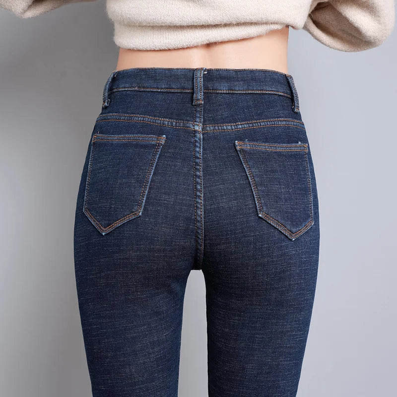 2023 Fashion Women Stretch High Waist Pencil Pants Casual Female Velvet Jeans High Quality Fleece Mom Jeans Thick Plush Pants