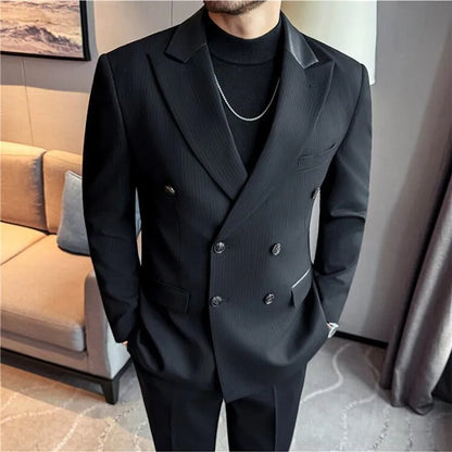 (1 Pcs Jackets) New Thicken Thicken Striped Casual Suit Jacket Fashion Splicing Leather Neck Men's Business Slim Blazers Tuxedos