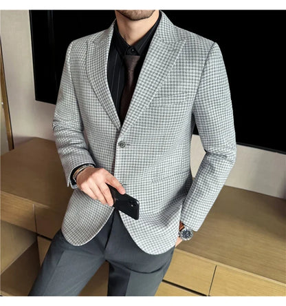 Autumn Winter Thick Wool Plaid Suit Jacket 2025 New Men's Slim Fit Casual Fashion Formal Business Socia Party Jacket Coats