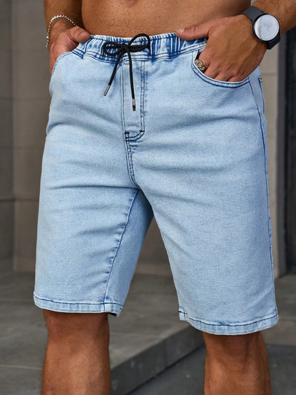 Men's Summer Denim Shorts. Light Blue Elastic-Waist Denim Shorts. Drawstring Design. Daily Casual Trend.