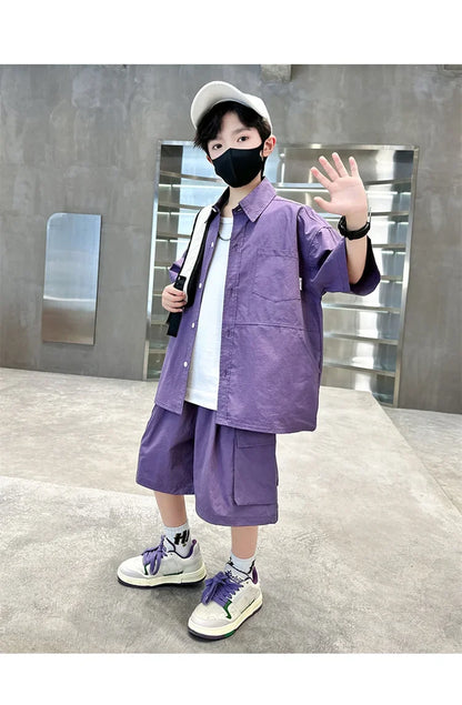 Kids New Summer Purple Suit for Boys Short Sleeve Shirt + Shorts 2 Pieces Clothes Set Children Loose Style Outfit Clothing Set