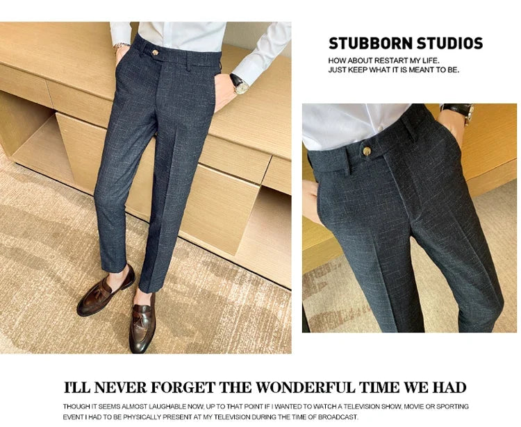Boutique Classic Plaid and Striped Fashion Men's Casual Business Slim Suit Pants Groom Wedding Dress Trousers Party