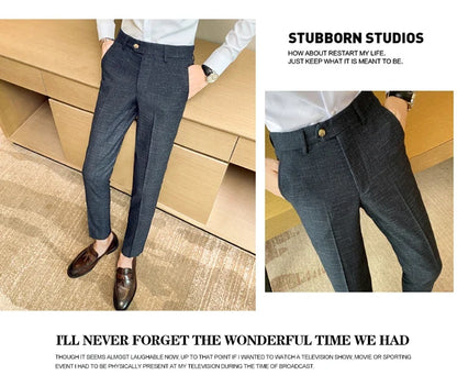 Boutique Classic Plaid and Striped Fashion Men's Casual Business Slim Suit Pants Groom Wedding Dress Trousers Party
