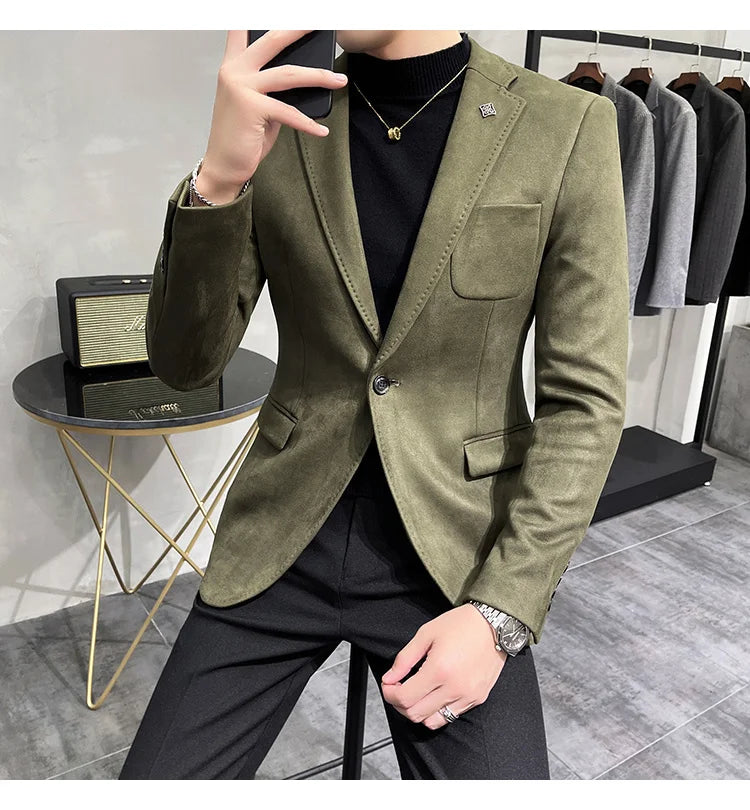 Deerskin Leather Jacket Blazer Men Casual Slim Fit Blazer Hombre Suit Leather Jacket Men Terno Masculino Men Clothing 6 Color