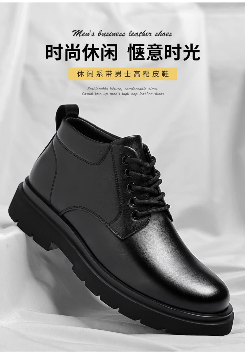 Mens Black Leather Lace Up Mid Top Boots Winter Warm Formal Business Office Wedding Shoes Black Work Boots Fashionable Dad Shoes