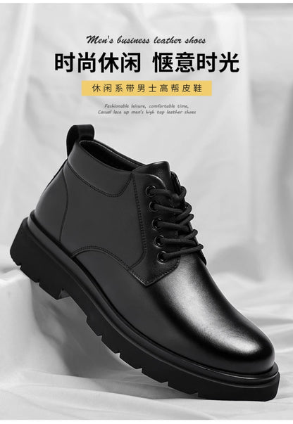 Mens Black Leather Lace Up Mid Top Boots Winter Warm Formal Business Office Wedding Shoes Black Work Boots Fashionable Dad Shoes