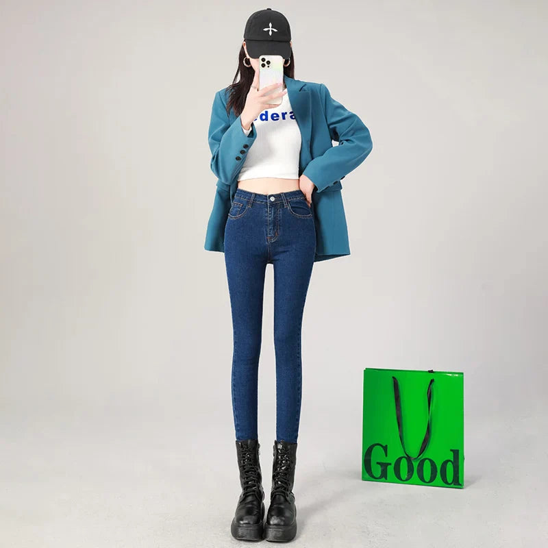 2024 Sexy Women Blue Slim Skinny Denim Jeans High Waist Elastic Mom Jeans Stretch Washed Pencil Pants Streetwear Tight Trousers