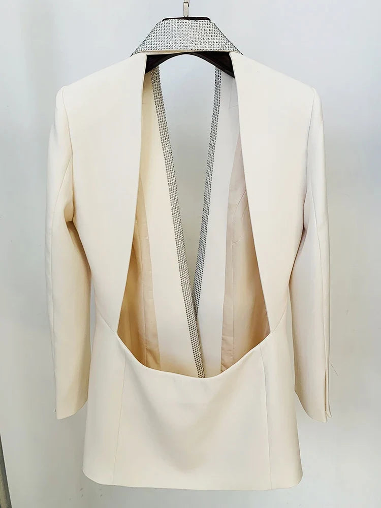 HIGH STREET 2026 Runway Fashion Designer Jacket Women's Stylish Backless Rhinestone Diamonds Beaded Shawl Collar Long Blazer