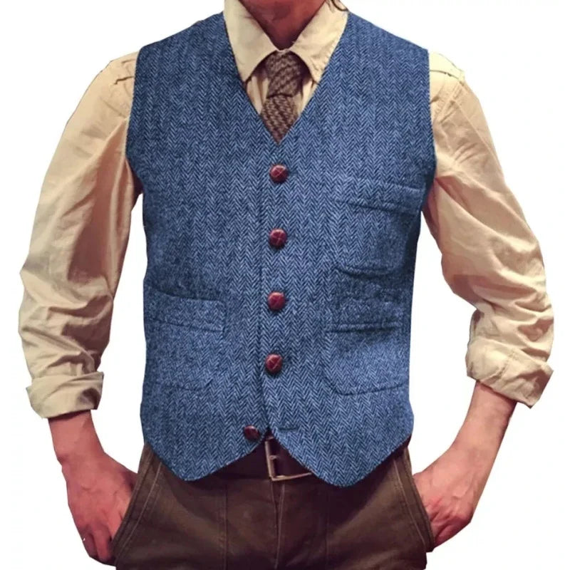 Herringbone Men Vest Dark Green Tweed Slim Casual Business Waistcoat For Wedding Party Banquet Work Prom Set Men Suit