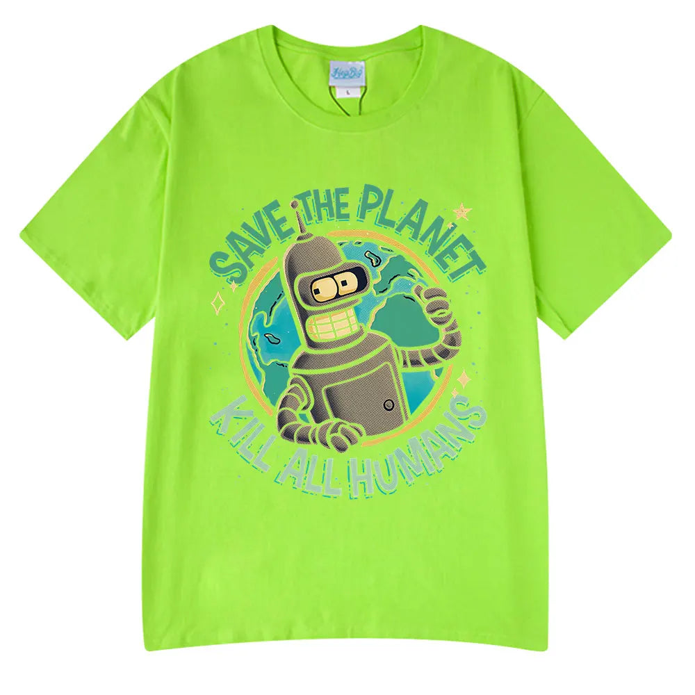 Funny Save The Planet Kill All Humans Robot Graphic Print T Shirt Men's Women Fashion Short Sleeve T-shirt Oversized Cotton Tees