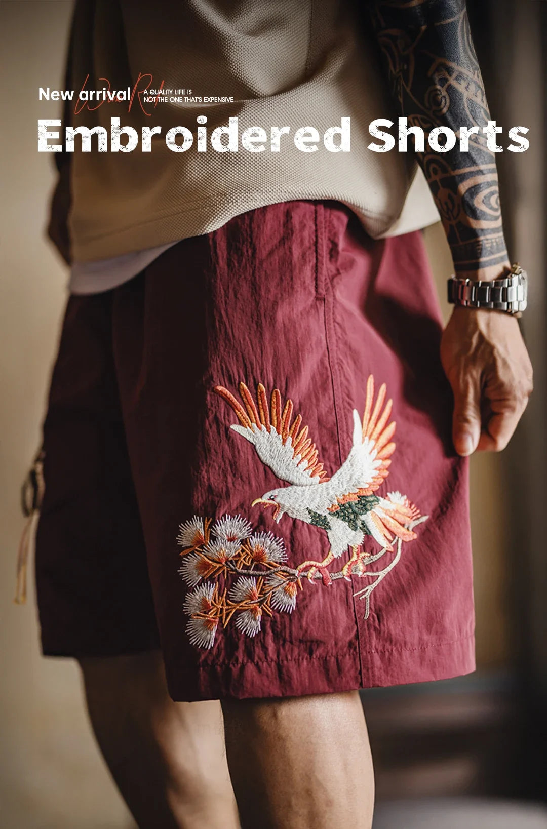 Men's Yokosuka Eagle Embroidered Shorts Loose Elastic Waist Red Quick Dry Summer Casual Beach Board Man Shorts Genuine