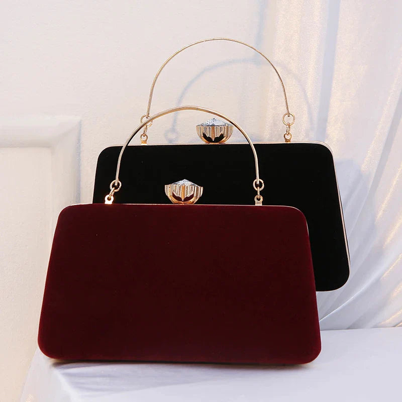 Luxury  Women Evening Bag Velvet Elegant Wedding Party Dress Banquet Clutch Bag Fashionable Metal Long Chain and Handle Purse