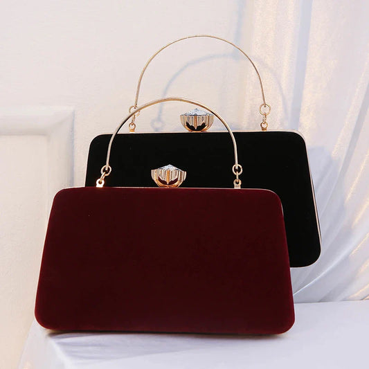 Luxury  Women Evening Bag Velvet Elegant Wedding Party Dress Banquet Clutch Bag Fashionable Metal Long Chain and Handle Purse