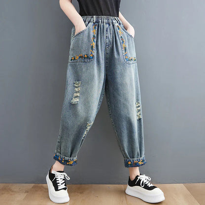 Summer New Sle Artistic Retro Embroidered Hole Denim Jeans Women's Slimming Versatile Elastic Waist Loose Harlan Dad Pants