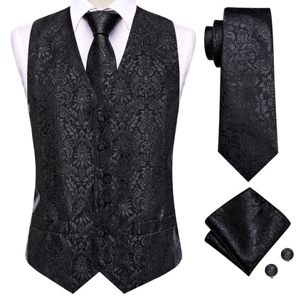 4PC Black Silk Mens Suit Vests Woven Floral Waistcoat Tie Pocket Square Cufflink Business Wedding Dress Waist Jacket
