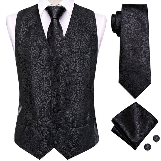 4PC Black Silk Mens Suit Vests Woven Floral Waistcoat Tie Pocket Square Cufflink Business Wedding Dress Waist Jacket