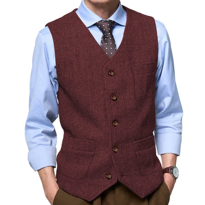 Men Vest Gray Herringbone Single Button With Pocket Waistcoat For Wedding Party Business Work Office Daily Casual Men Suit Vest