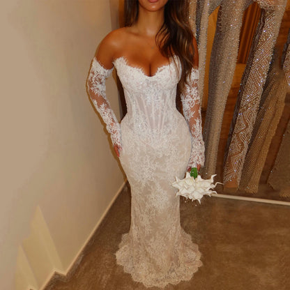 Off Shoulder Long Lace Sleeves Mermaid Wedding Dress Sweetheart Applique Sparkly Lace Bridal Gown Sweep Train Customized