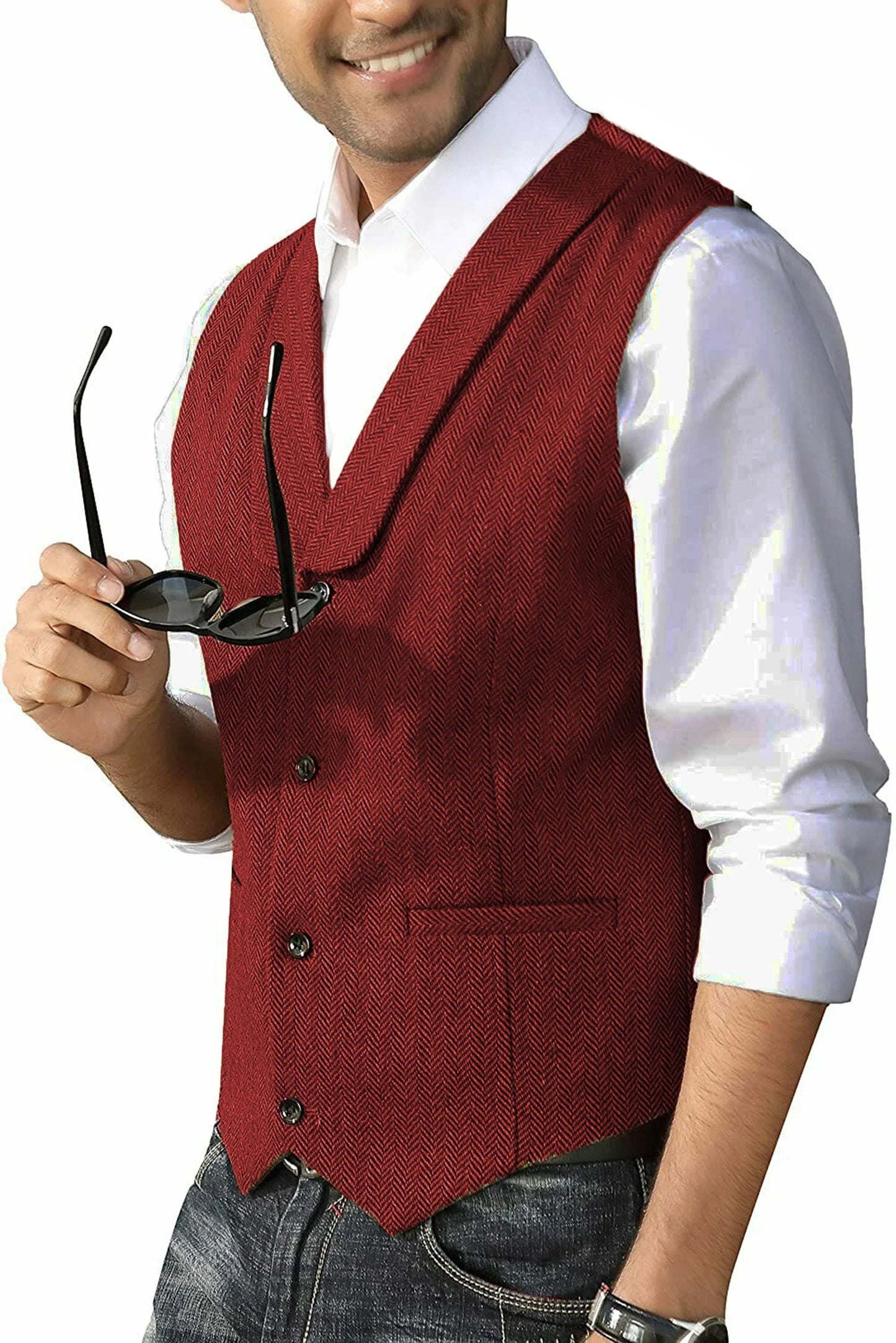 Men's Casual Suit Vest Shawl Lapel Wool Tweed Herringbone Dress Waistcoat for Wedding Party Dinner Herringbone Vests