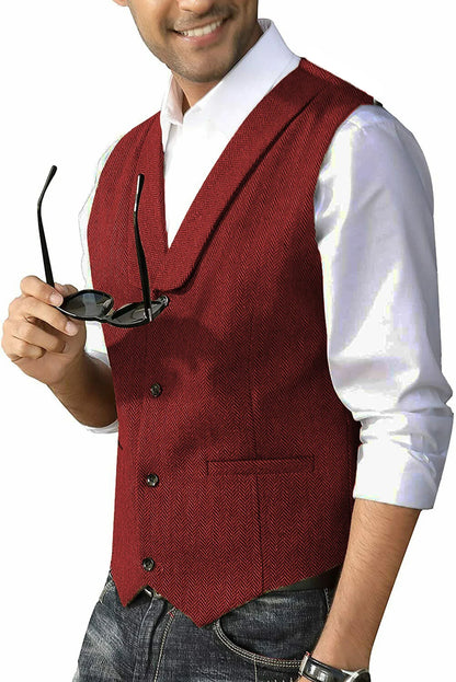 Men's Casual Suit Vest Shawl Lapel Wool Tweed Herringbone Dress Waistcoat for Wedding Party Dinner Herringbone Vests