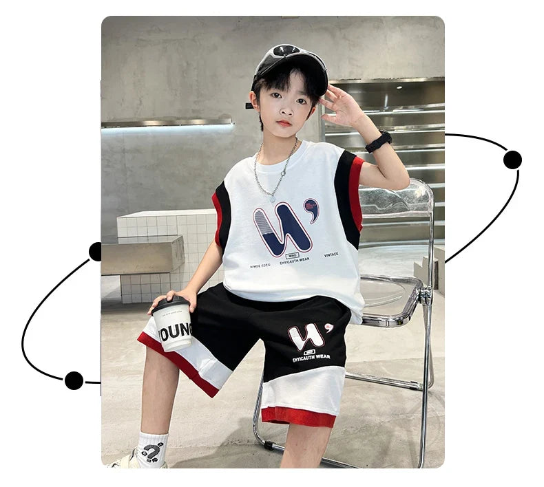 Children Summer Clothing Top and Bottom Set For Boys Cotton Clothes Suit Outfit Suit Kids Sleeveless T-shirt Shorts Tracksuit