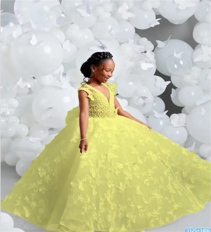 White V-neck Luxury Flower Girl Dresses For Wedding Butterfly Appliques Pearl Child Birthday Party First Holy Communion Gown