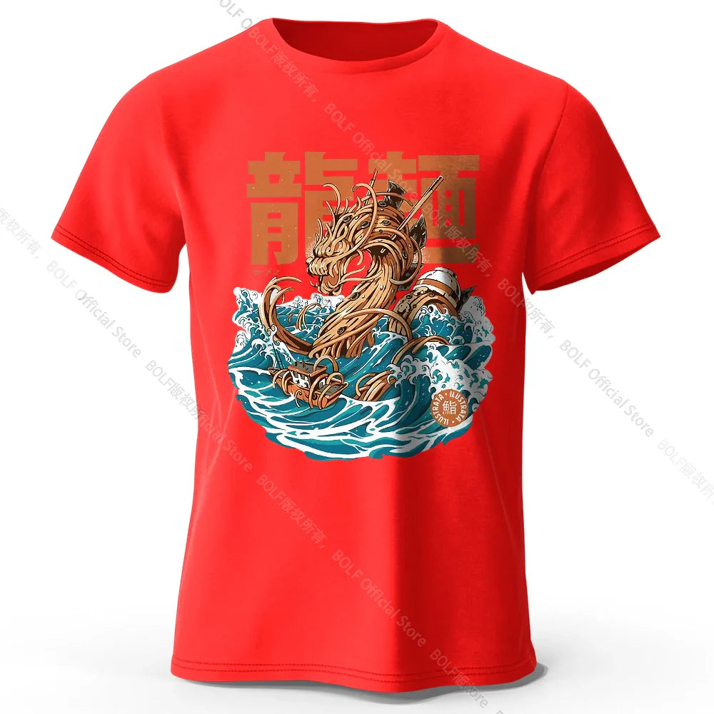 Men's Dragon Ramen Printed T-Shirt 100% Cotton Oversized Anime Graphic Tees for Women Summer Tops Otaku Streetwear