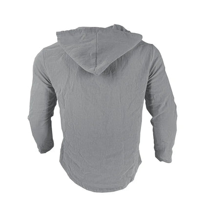 Men's Solid Color Casual Shirt, Hooded Drawstring Cotton and Linen Cardigan, Trendy and Versatile Loose Beach T-Shirt