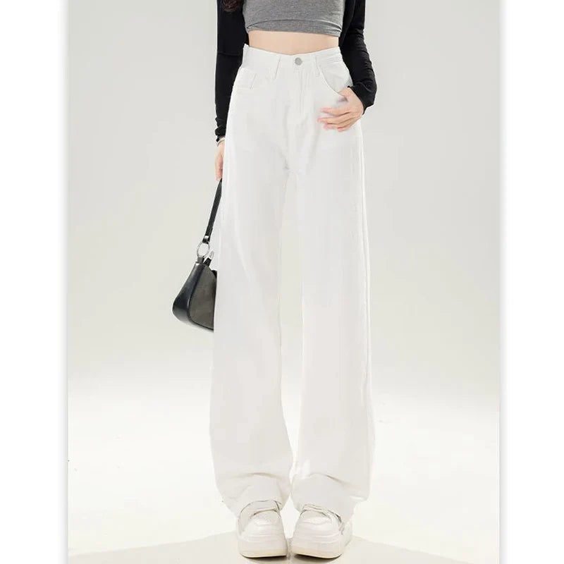 Lady Korean Fashion High Waist Jeans Pants Women Loose Fit Denim Trousers Girls White Casual Straight Leg Pants