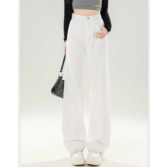 Lady Korean Fashion High Waist Jeans Pants Women Loose Fit Denim Trousers Girls White Casual Straight Leg Pants