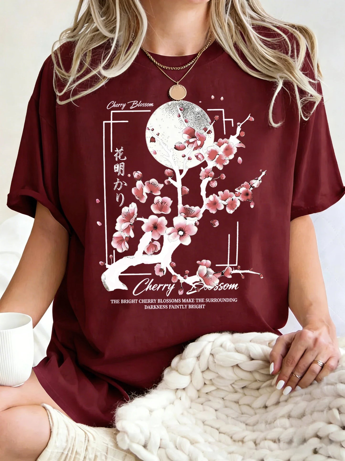 Japanese Cherry Blossom Design Women'S T-Shirt Loose Cotton T Shirts Crewneck Trendy Short Sleeve Y2K Summer Casual Streetwear