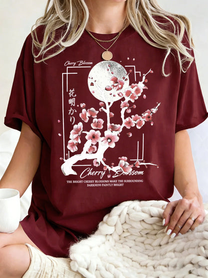 Japanese Cherry Blossom Design Women'S T-Shirt Loose Cotton T Shirts Crewneck Trendy Short Sleeve Y2K Summer Casual Streetwear